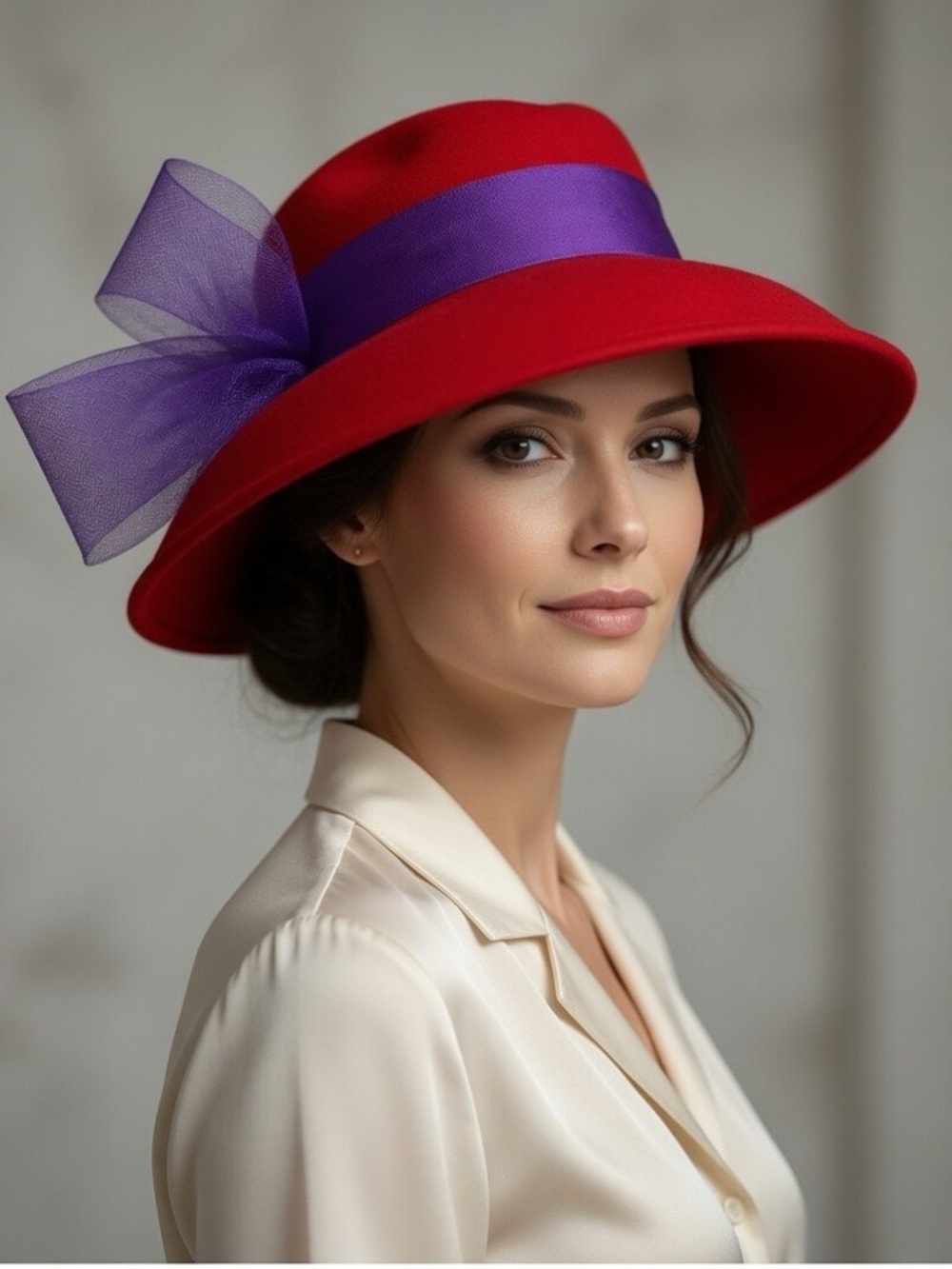 Red Hat Society Wool Wide Brim Dress Hat Purple Ribbon Tulle Bow Tea Party 59cm